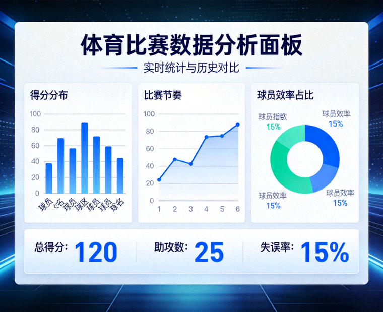 体育比赛数据分析面板与统计图表界面示意