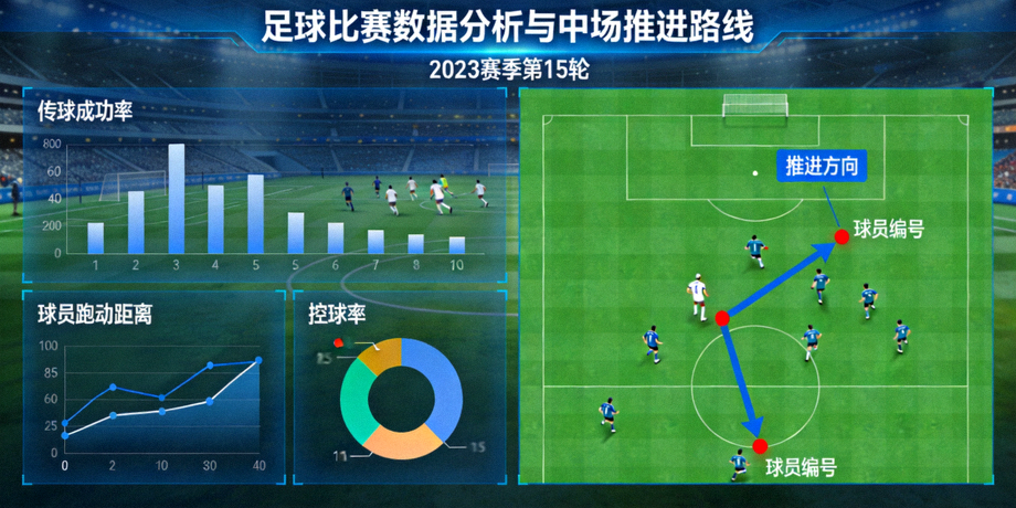足球比赛数据分析界面与中场推进路线示意图